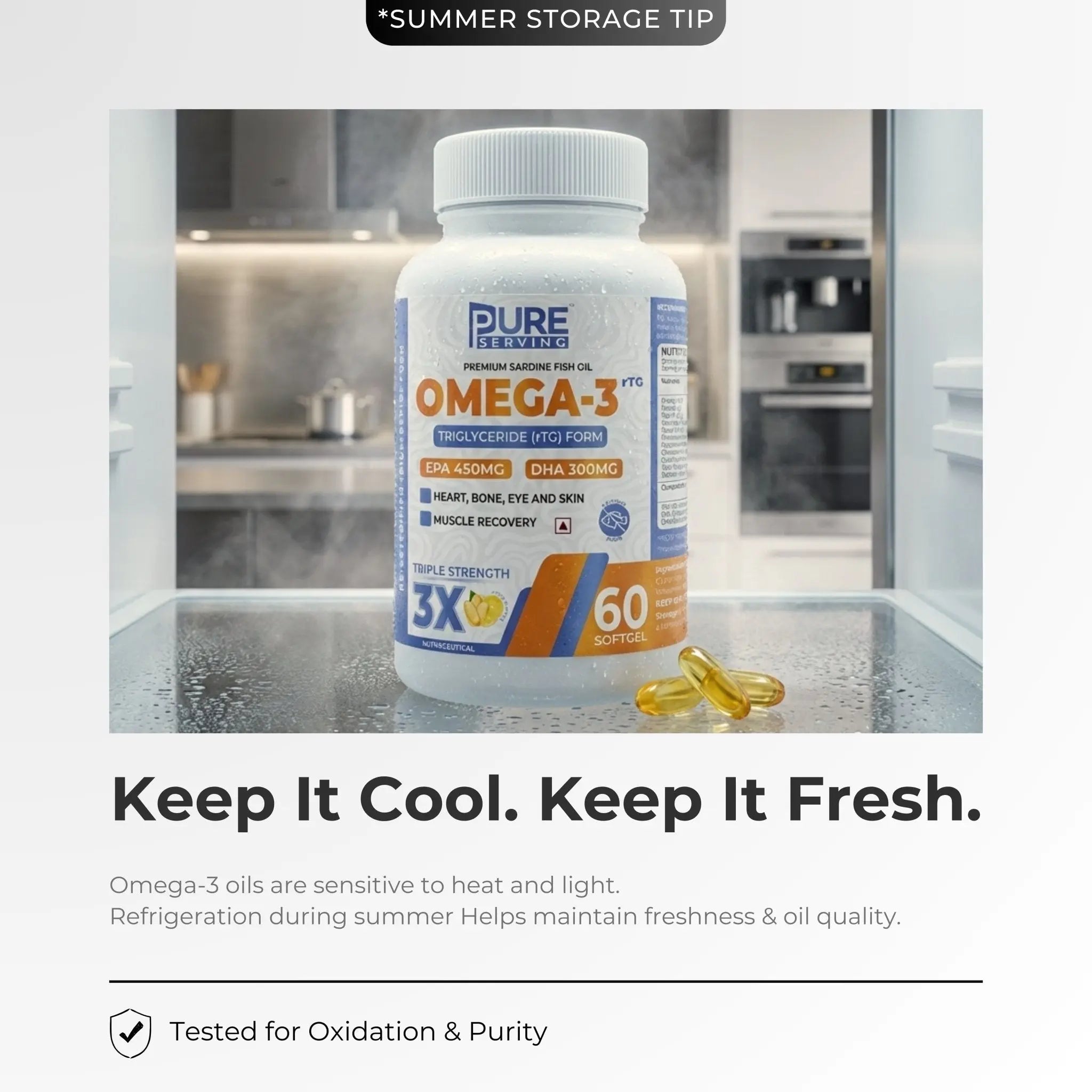 Premium 3X Strength Omega - 3 Fish Oil (Re - Esterified Triglyceride rTG) with Vitamin D3, K2 - MK7 & Vitamin E, Lemon Flavour - PURE SERVING