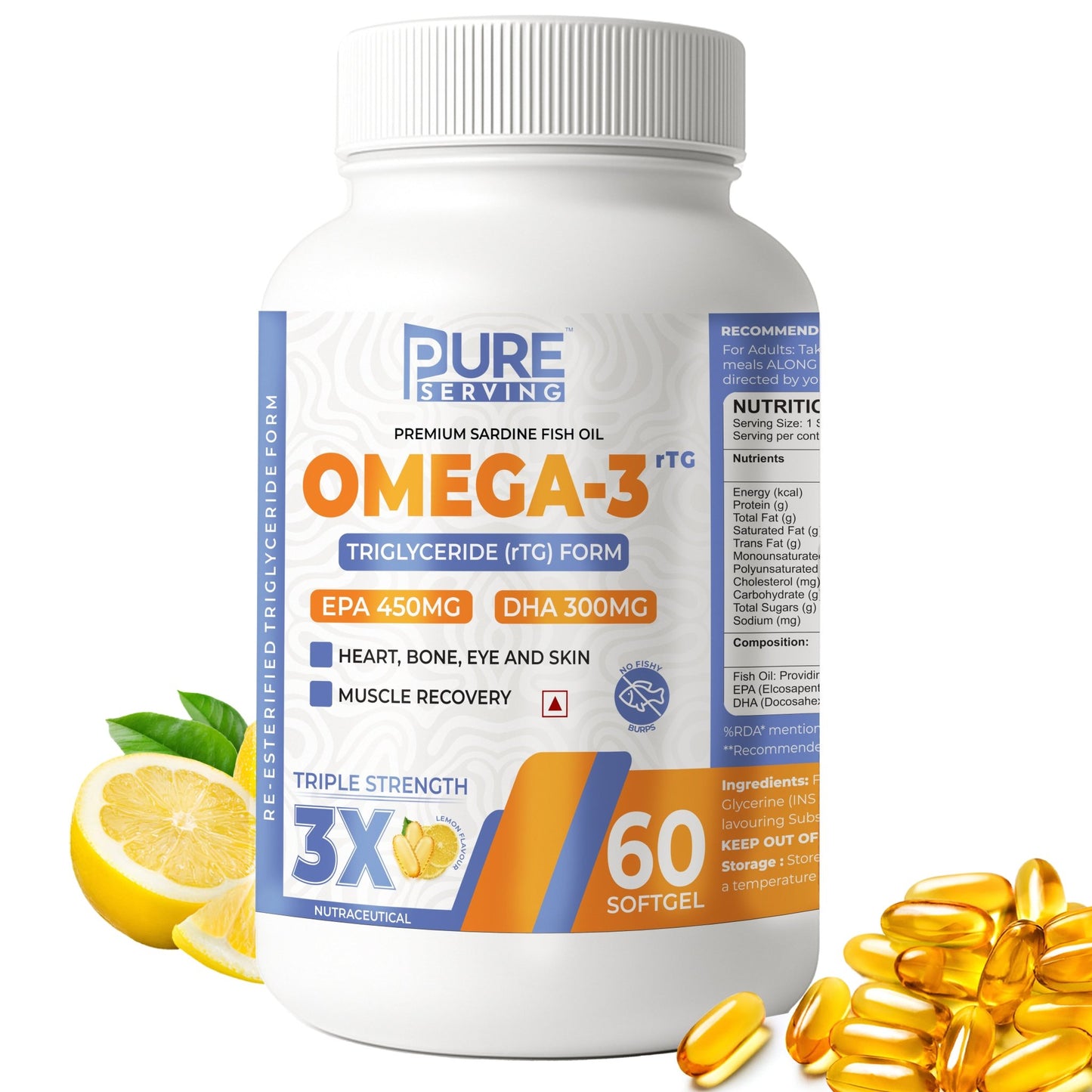 Triple 3X Strength 450mg EPA & 300mg DHA Re - esterified Triglyceride (rTG) form Omega 3 Fish Oil - Lemon Flavor - 60 Soft Gels - PURE SERVING