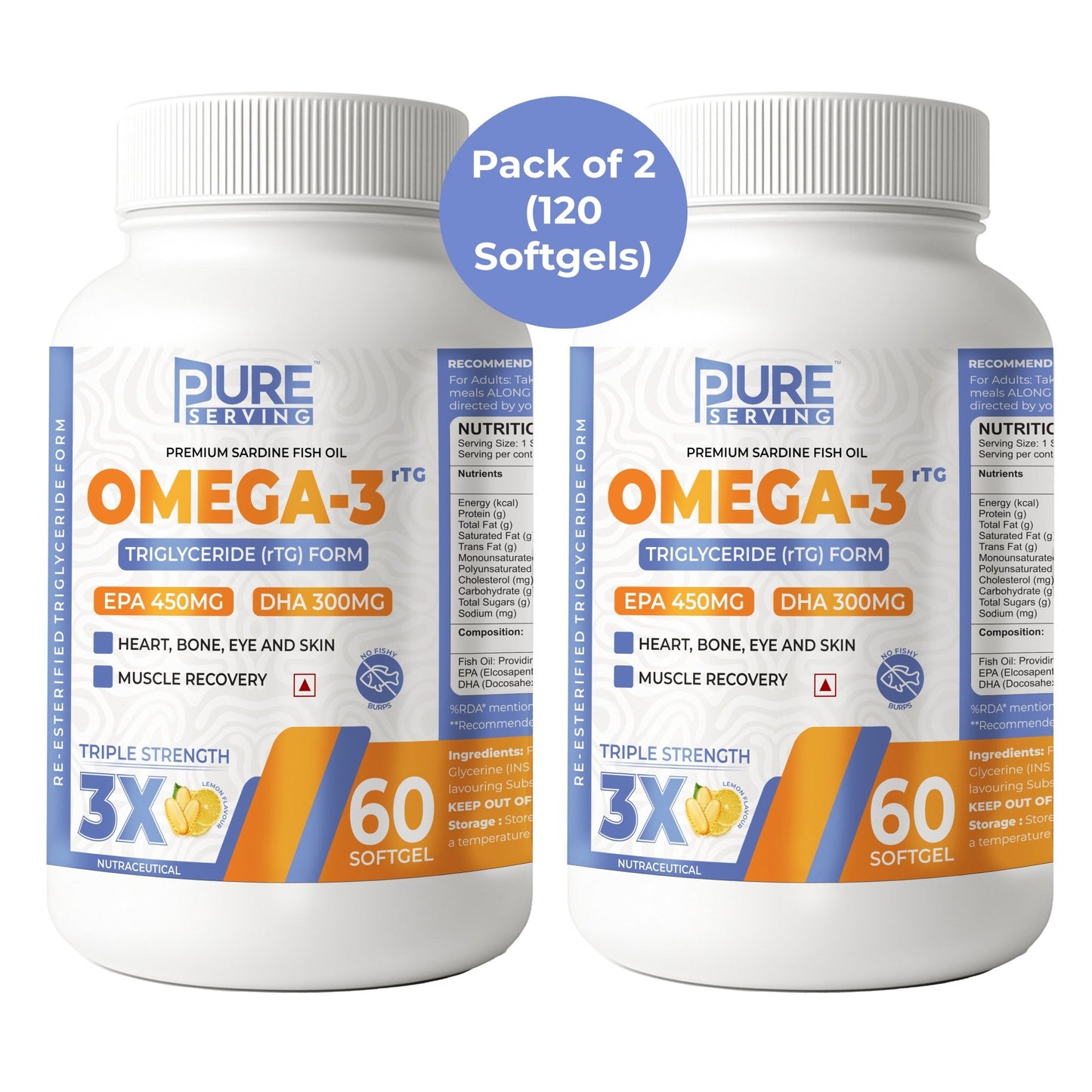 Triple 3X Strength 450mg EPA & 300mg DHA Re - esterified Triglyceride (rTG) form Omega 3 Fish Oil - Lemon Flavor - 60 Soft Gels - PURE SERVING