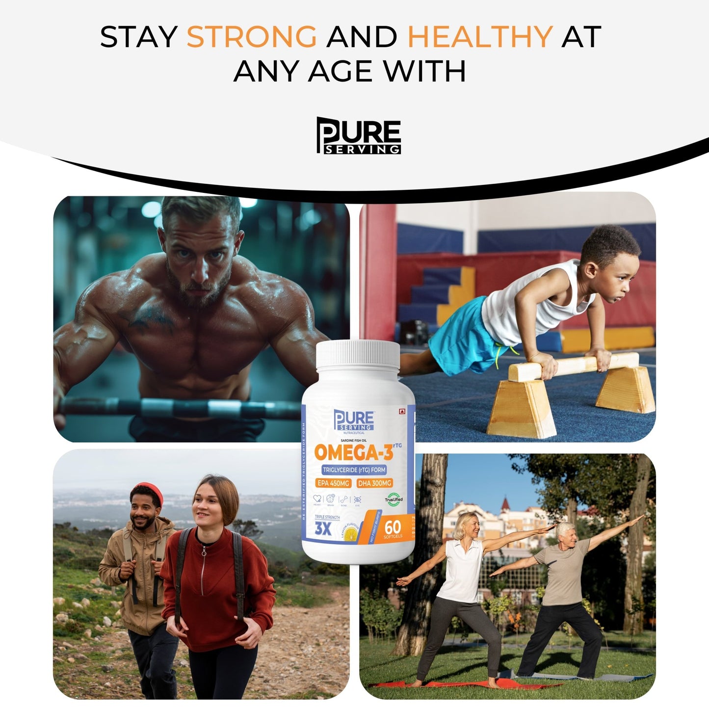 Triple Strength rTG Omega - 3 Fish Oil Softgels | 450mg EPA + 300mg DHA with Vitamin D3, K2 & E - PURE SERVING