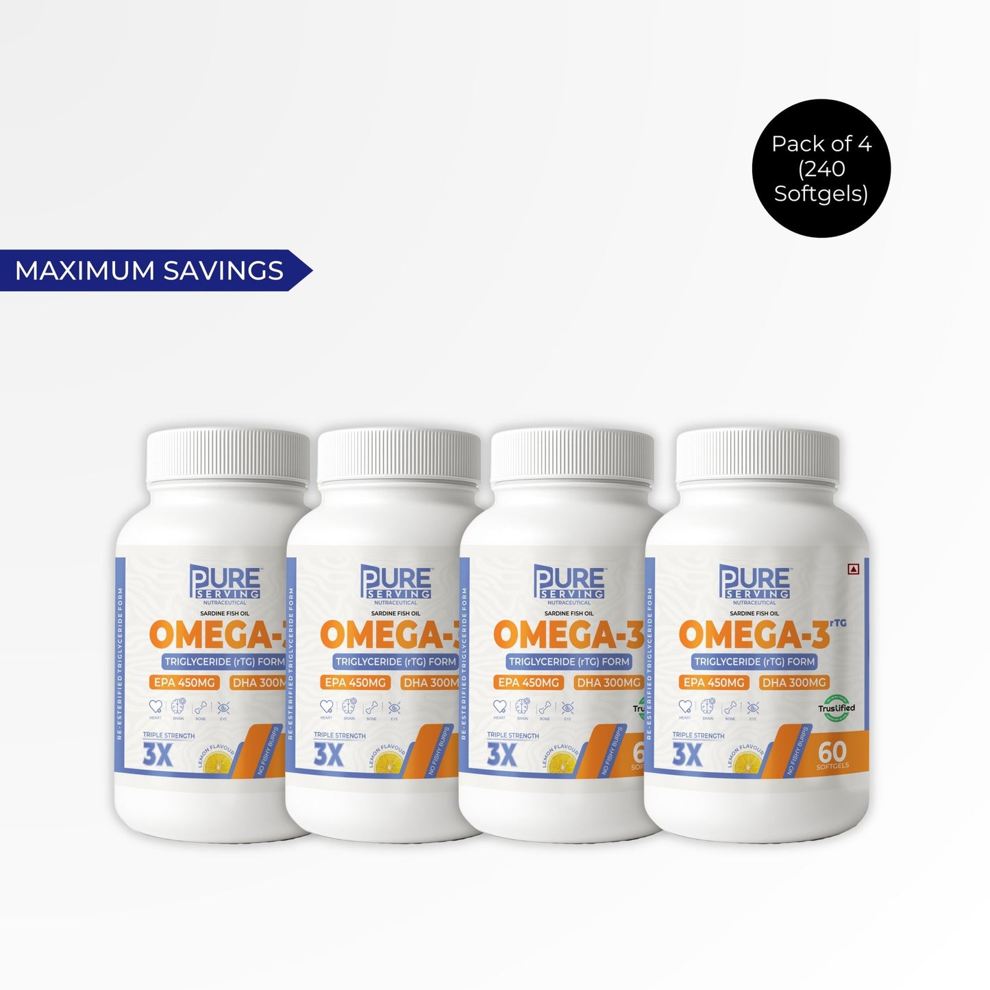 Triple Strength rTG Omega - 3 Fish Oil Softgels | 450mg EPA + 300mg DHA with Vitamin D3, K2 & E - PURE SERVING