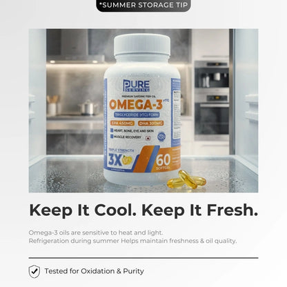 Premium 3X Strength Omega - 3 Fish Oil (Re - Esterified Triglyceride rTG) with Vitamin D3, K2 - MK7 & Vitamin E, Lemon Flavour - PURE SERVING