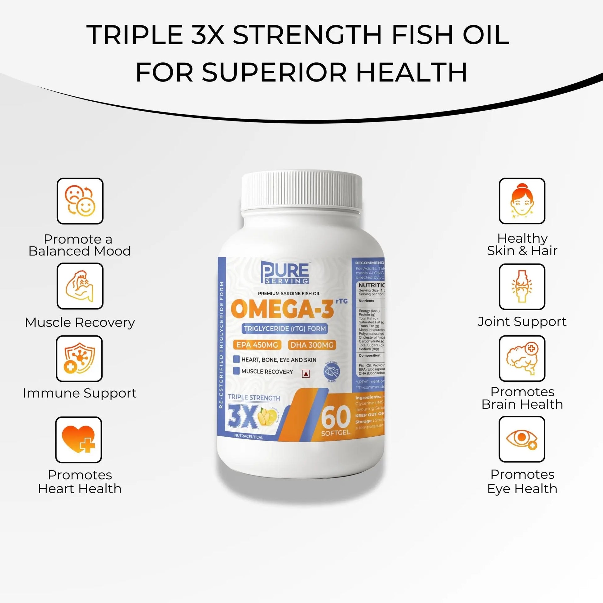 Premium 3X Strength Omega-3 Fish Oil (Re-Esterified Triglyceride rTG) with Vitamin D3, K2-MK7 & Vitamin E, Lemon Flavour - PURE SERVING