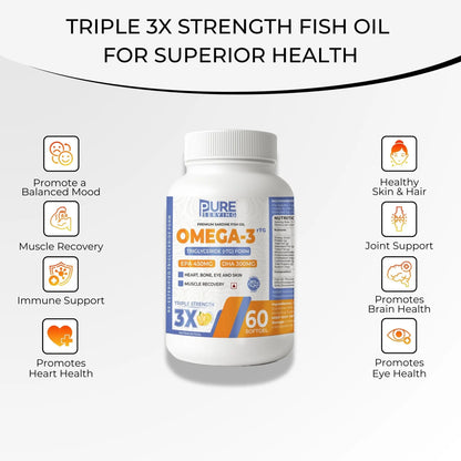 Premium 3X Strength Omega-3 Fish Oil (Re-Esterified Triglyceride rTG) with Vitamin D3, K2-MK7 & Vitamin E, Lemon Flavour - PURE SERVING