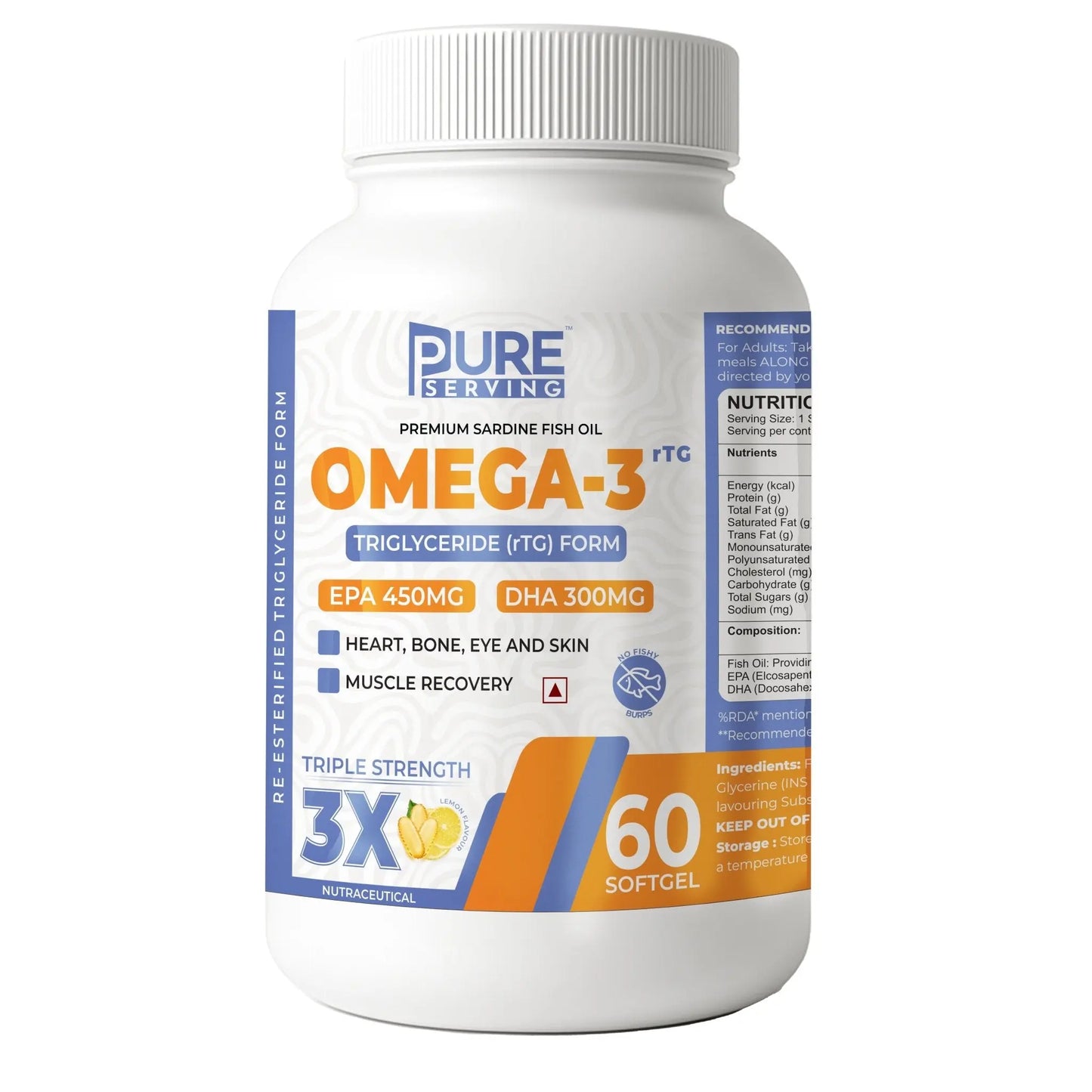 Premium 3X Strength Omega-3 Fish Oil (Re-Esterified Triglyceride rTG) with Vitamin D3, K2-MK7 & Vitamin E, Lemon Flavour - PURE SERVING