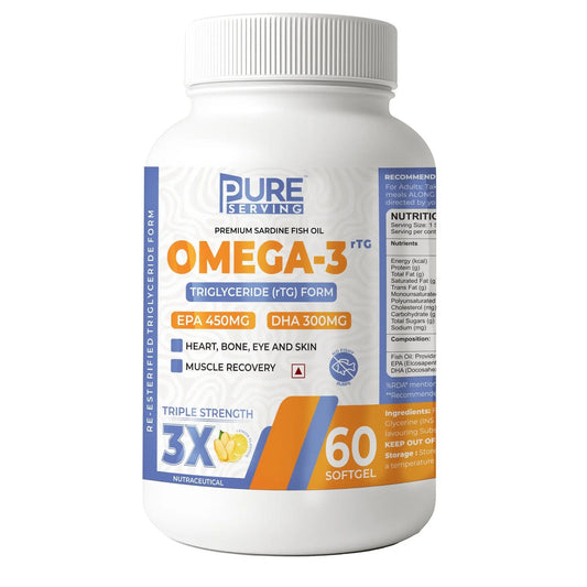 Premium 3X Strength Omega-3 Fish Oil (Re-Esterified Triglyceride rTG) with Vitamin D3, K2-MK7 & Vitamin E, Lemon Flavour - PURE SERVING