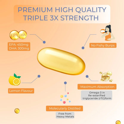 Premium 3X Strength Omega-3 Fish Oil (Re-Esterified Triglyceride rTG) with Vitamin D3, K2-MK7 & Vitamin E, Lemon Flavour - PURE SERVING