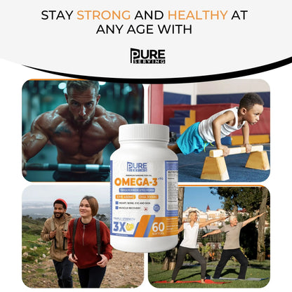 Premium 3X Strength Omega-3 Fish Oil (Re-Esterified Triglyceride rTG) with Vitamin D3, K2-MK7 & Vitamin E, Lemon Flavour - PURE SERVING