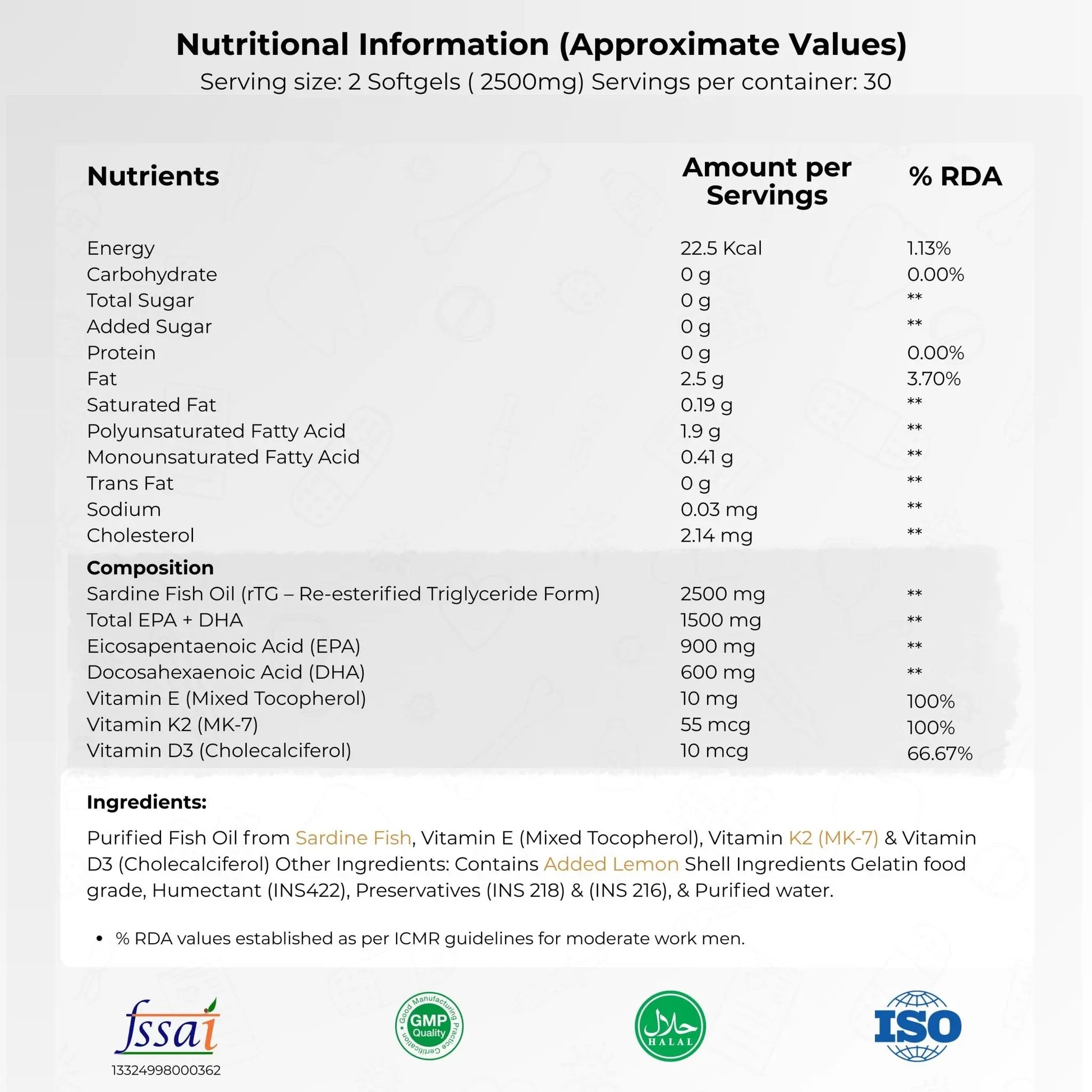 Premium 3X Strength Omega-3 Fish Oil (Re-Esterified Triglyceride rTG) with Vitamin D3, K2-MK7 & Vitamin E, Lemon Flavour - PURE SERVING