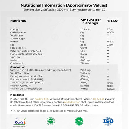 Premium 3X Strength Omega-3 Fish Oil (Re-Esterified Triglyceride rTG) with Vitamin D3, K2-MK7 & Vitamin E, Lemon Flavour - PURE SERVING