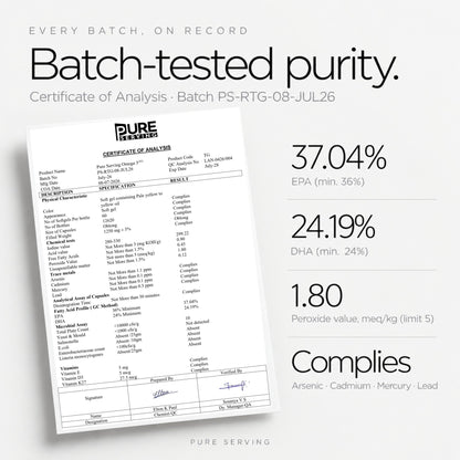 Certificate of analysis for Pure Serving Omega-3 batch PS-RTG-08-JUL26