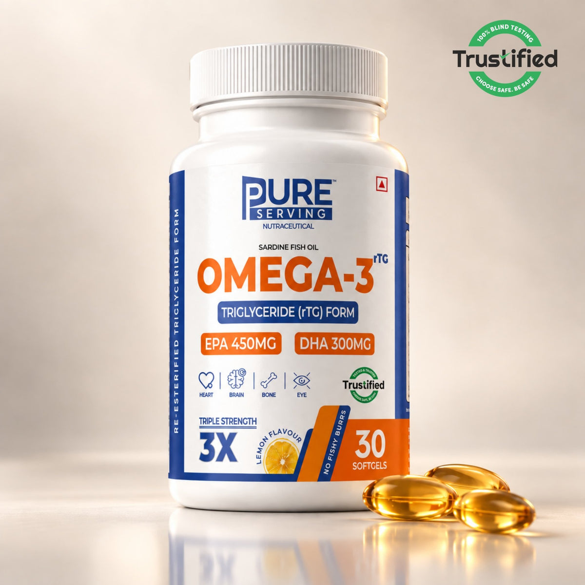 Pure Serving rTG Omega-3 fish oil, 30 softgel bottle, 450 mg EPA and 300 mg DHA per softgel