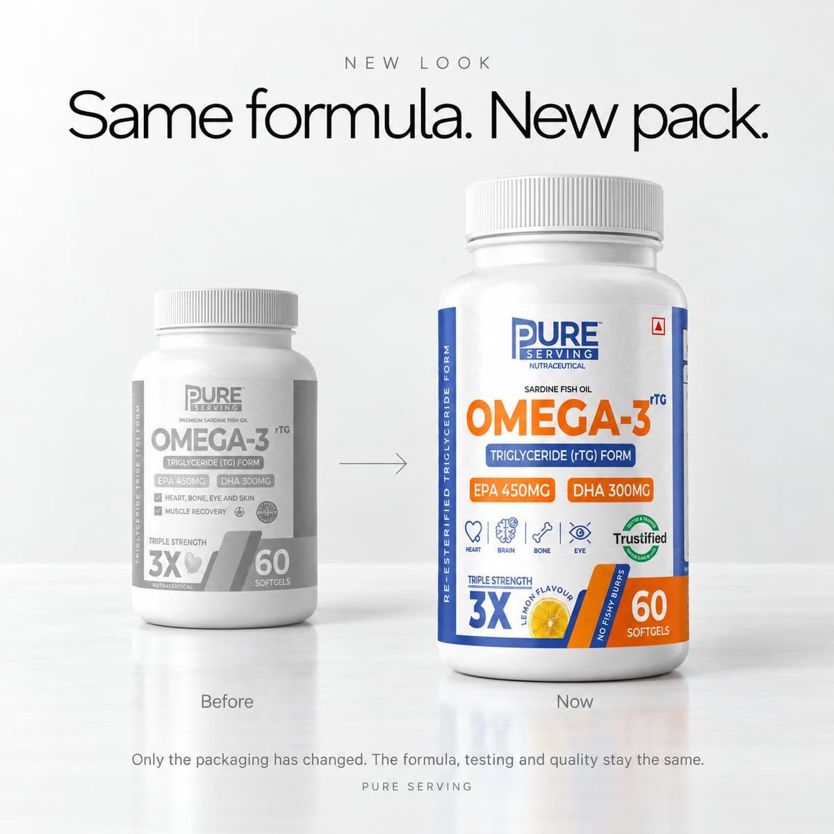 Pure Serving Omega-3 old pack and new pack: same formula, new packaging