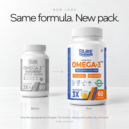 Pure Serving Omega-3 old pack and new pack: same formula, new packaging