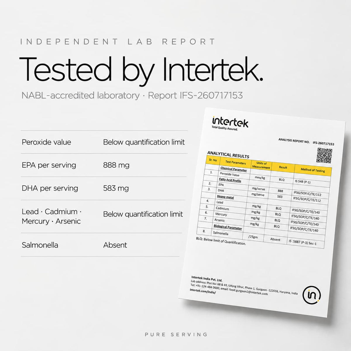 Intertek lab report IFS-260717153 for Pure Serving Omega-3 with EPA, DHA, peroxide value, heavy metal and Salmonella results