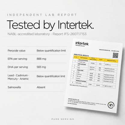 Intertek lab report IFS-260717153 for Pure Serving Omega-3 with EPA, DHA, peroxide value, heavy metal and Salmonella results