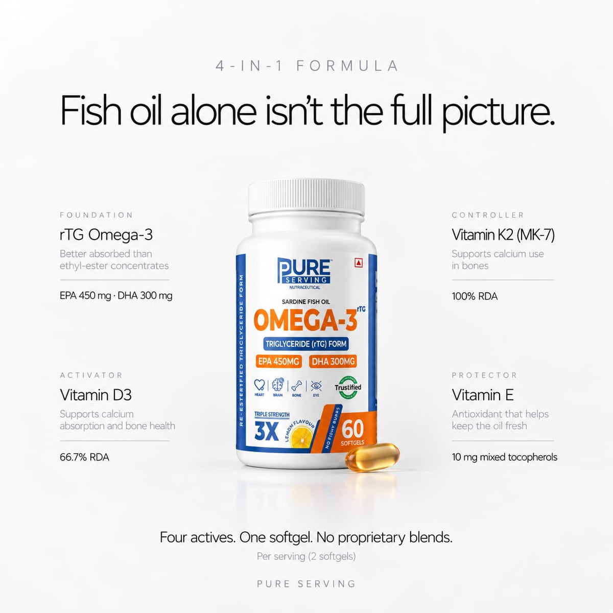 4-in-1 formula: rTG omega-3 450 mg EPA and 300 mg DHA per softgel with vitamins D3, K2-MK7 and E