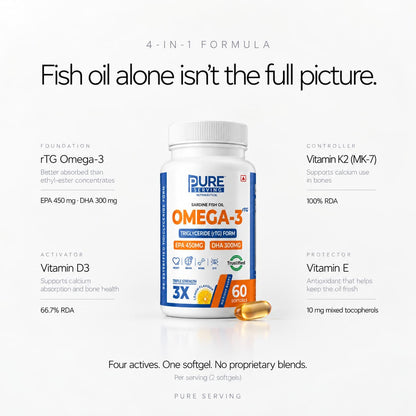 4-in-1 formula: rTG omega-3 450 mg EPA and 300 mg DHA per softgel with vitamins D3, K2-MK7 and E