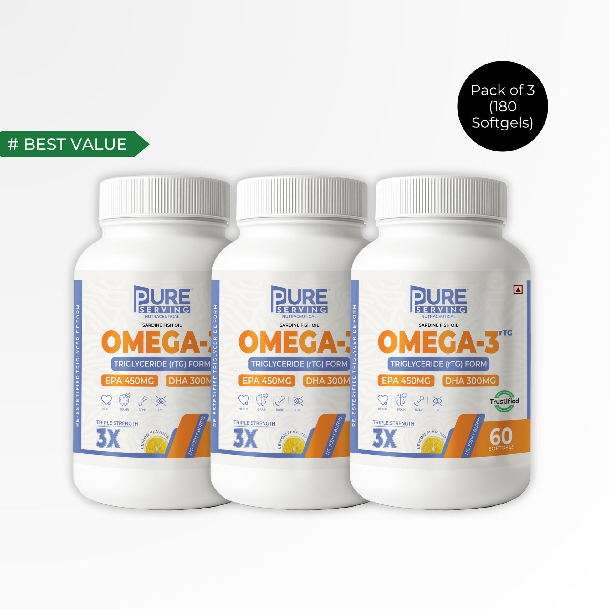 Triple Strength rTG Omega - 3 Fish Oil Softgels | 450mg EPA + 300mg DHA with Vitamin D3, K2 & E - PURE SERVING