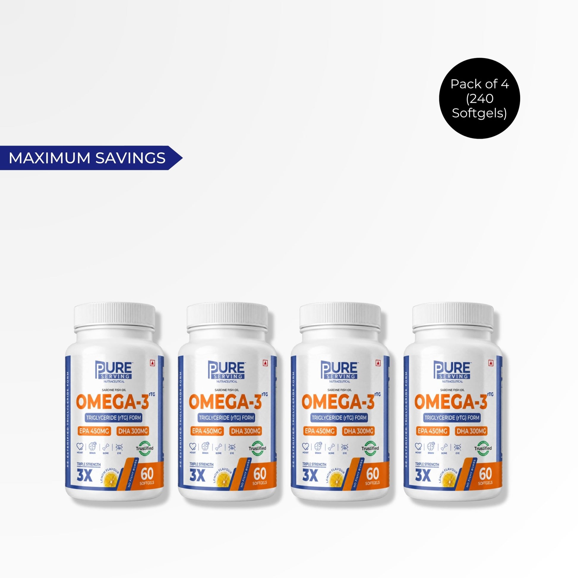 Triple Strength rTG Omega - 3 Fish Oil Softgels | 450mg EPA + 300mg DHA with Vitamin D3, K2 & E - PURE SERVING