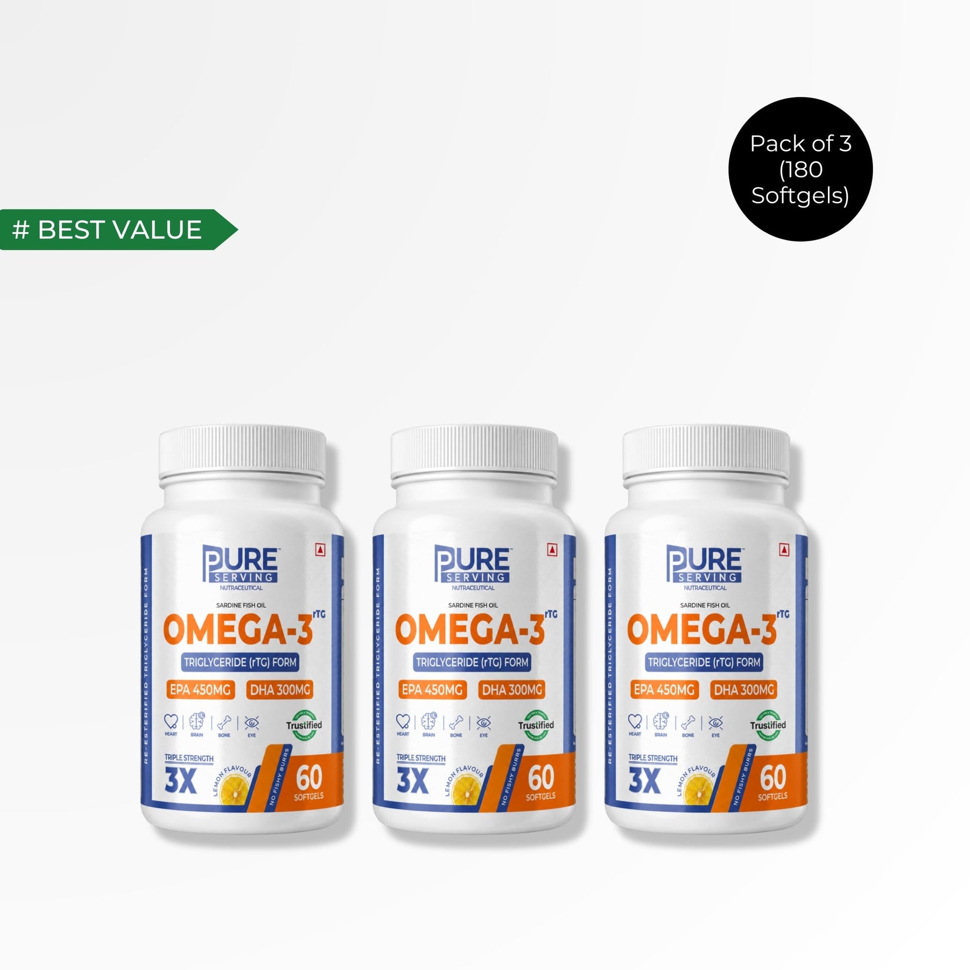 Triple Strength rTG Omega - 3 Fish Oil Softgels | 450mg EPA + 300mg DHA with Vitamin D3, K2 & E - PURE SERVING