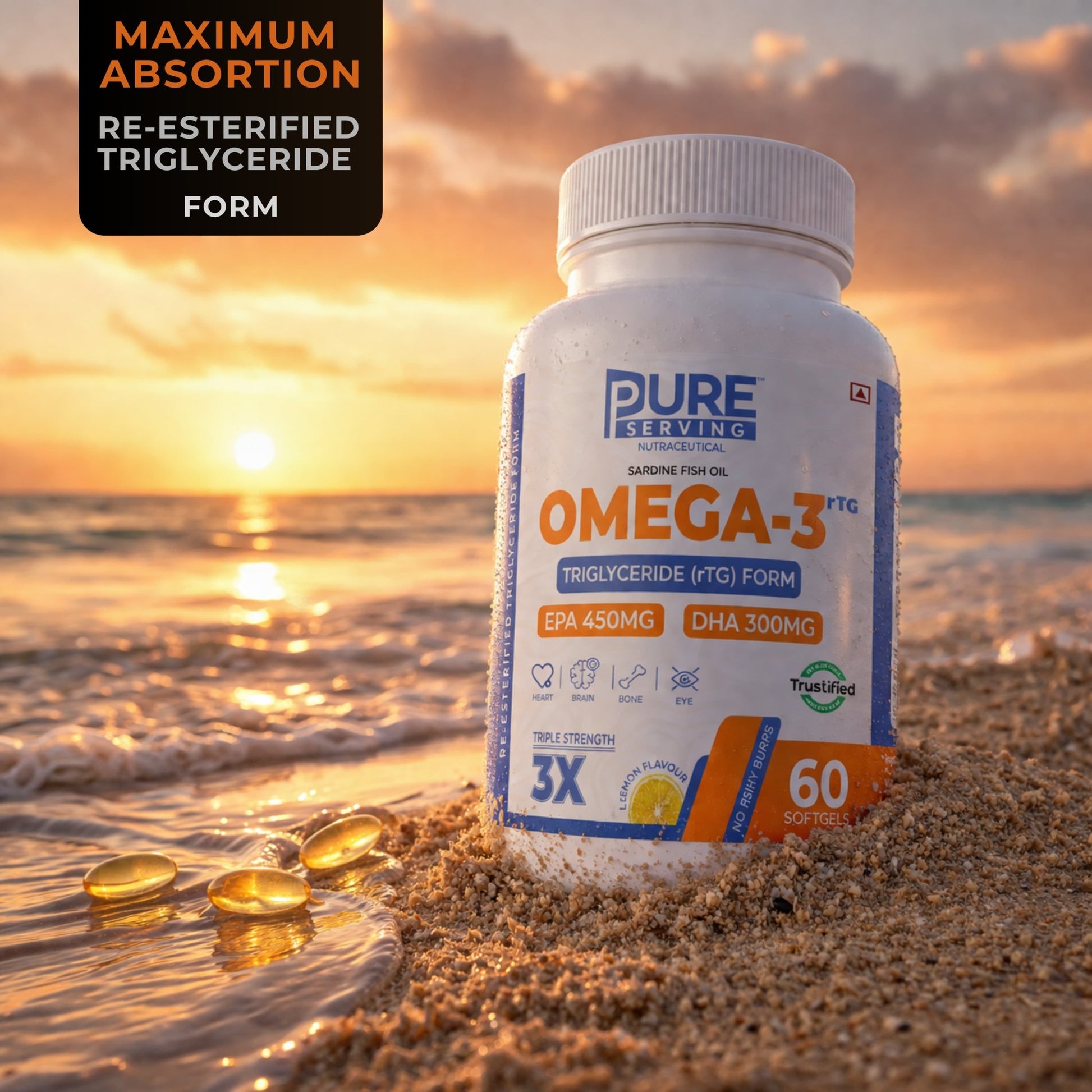 Triple Strength rTG Omega - 3 Fish Oil Softgels | 450mg EPA + 300mg DHA with Vitamin D3, K2 & E - PURE SERVING