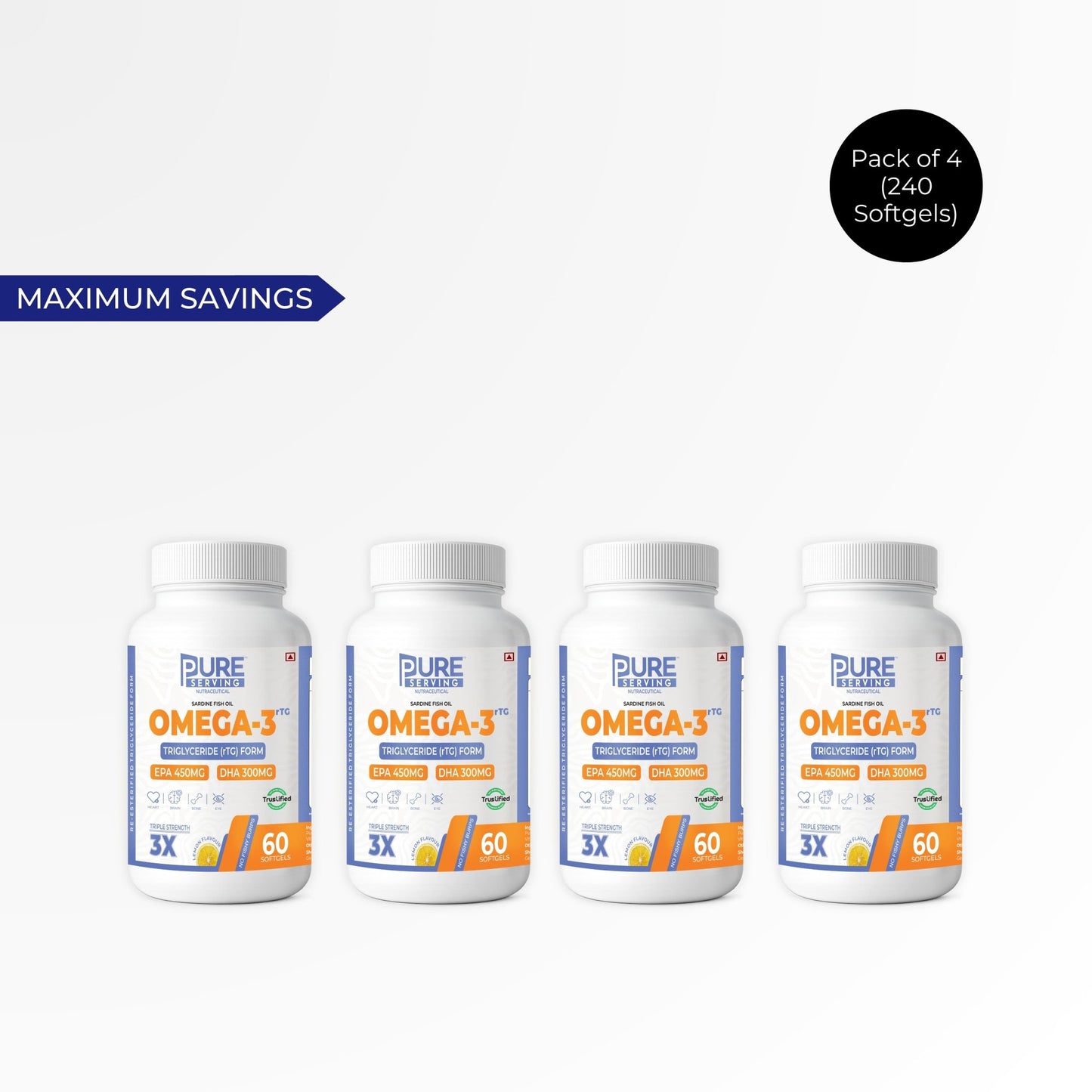 Triple Strength rTG Omega - 3 Fish Oil Softgels | 450mg EPA + 300mg DHA with Vitamin D3, K2 & E - PURE SERVING