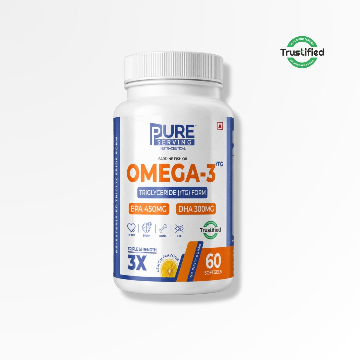 Triple Strength rTG Omega - 3 Fish Oil Softgels | 450mg EPA + 300mg DHA with Vitamin D3, K2 & E - PURE SERVING
