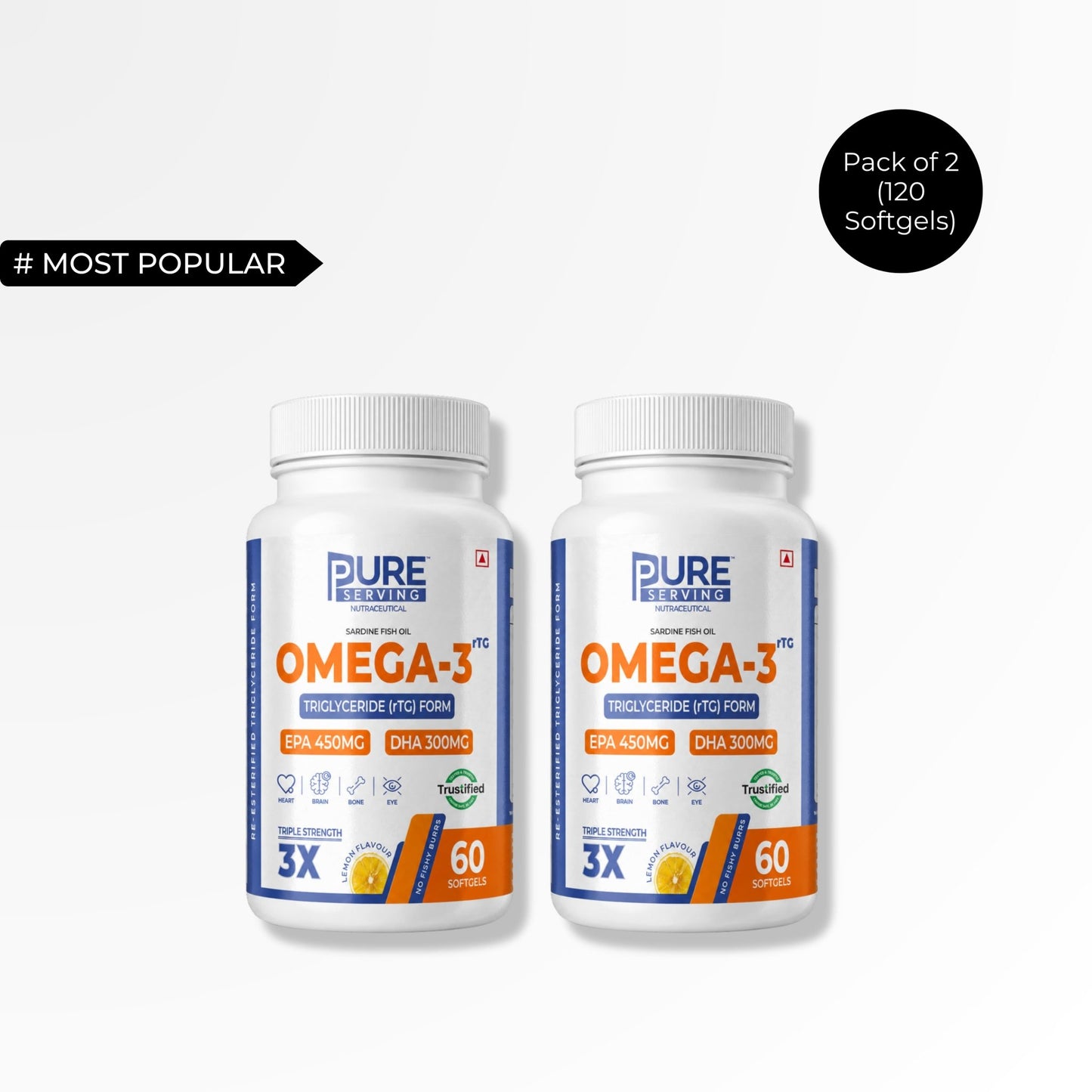 Triple Strength rTG Omega - 3 Fish Oil Softgels | 450mg EPA + 300mg DHA with Vitamin D3, K2 & E - PURE SERVING