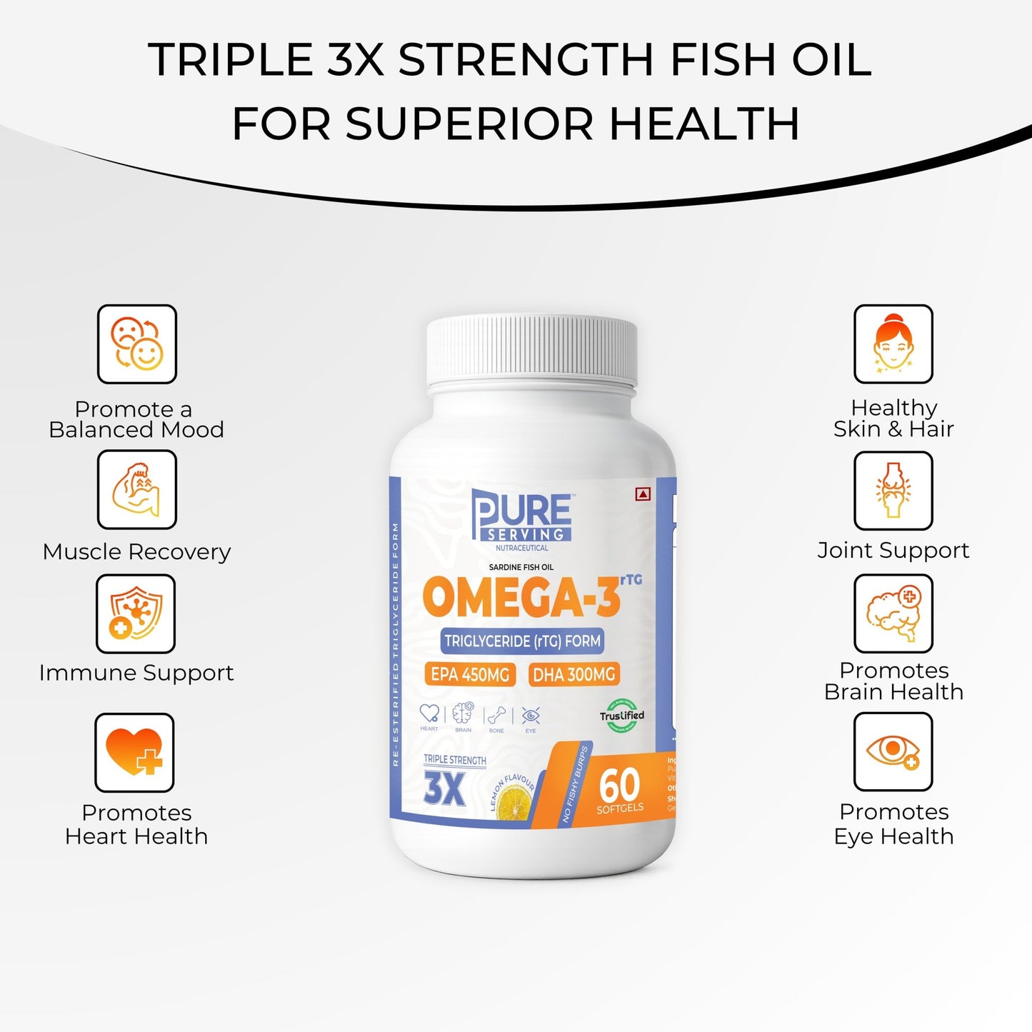 Triple Strength rTG Omega - 3 Fish Oil Softgels | 450mg EPA + 300mg DHA with Vitamin D3, K2 & E - PURE SERVING