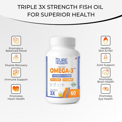 Triple Strength rTG Omega - 3 Fish Oil Softgels | 450mg EPA + 300mg DHA with Vitamin D3, K2 & E - PURE SERVING