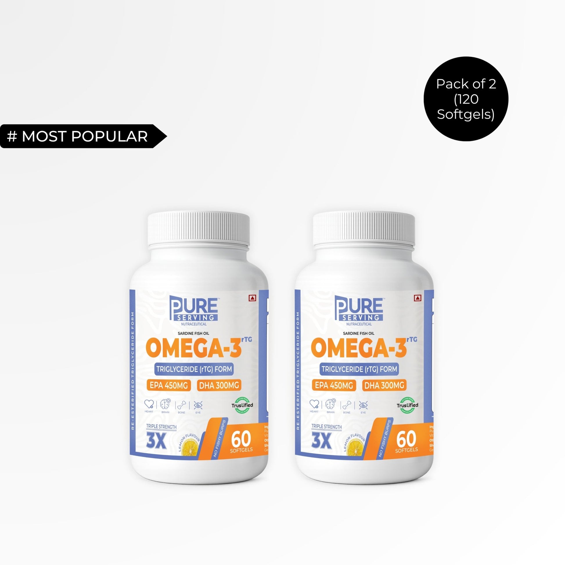 Triple Strength rTG Omega - 3 Fish Oil Softgels | 450mg EPA + 300mg DHA with Vitamin D3, K2 & E - PURE SERVING