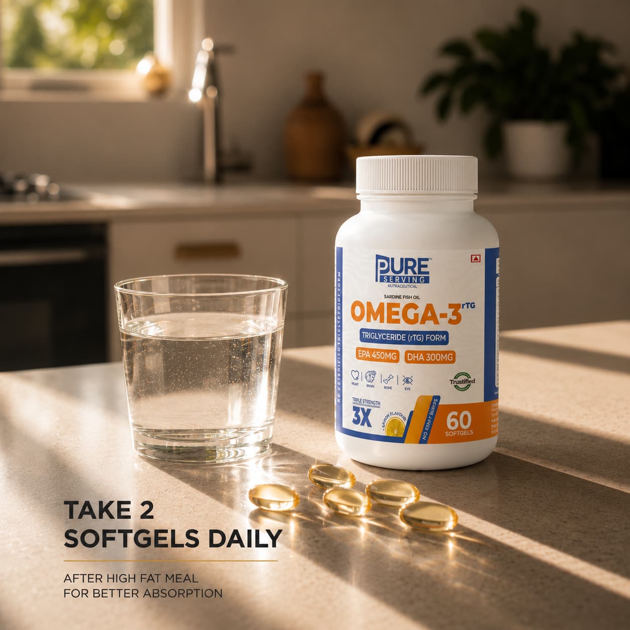 Triple Strength rTG Omega-3 Fish Oil Softgels | 450mg EPA + 300mg DHA with Vitamin D3, K2 & E - PURE SERVING