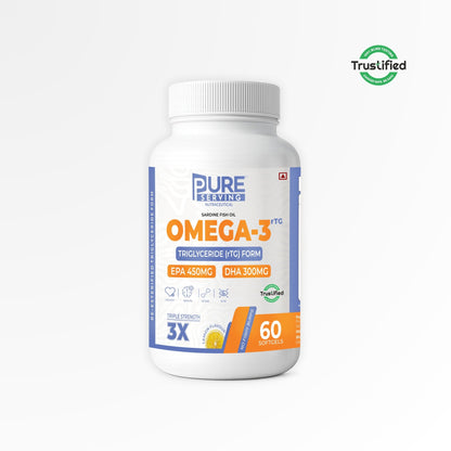 Triple Strength rTG Omega - 3 Fish Oil Softgels | 450mg EPA + 300mg DHA with Vitamin D3, K2 & E - PURE SERVING