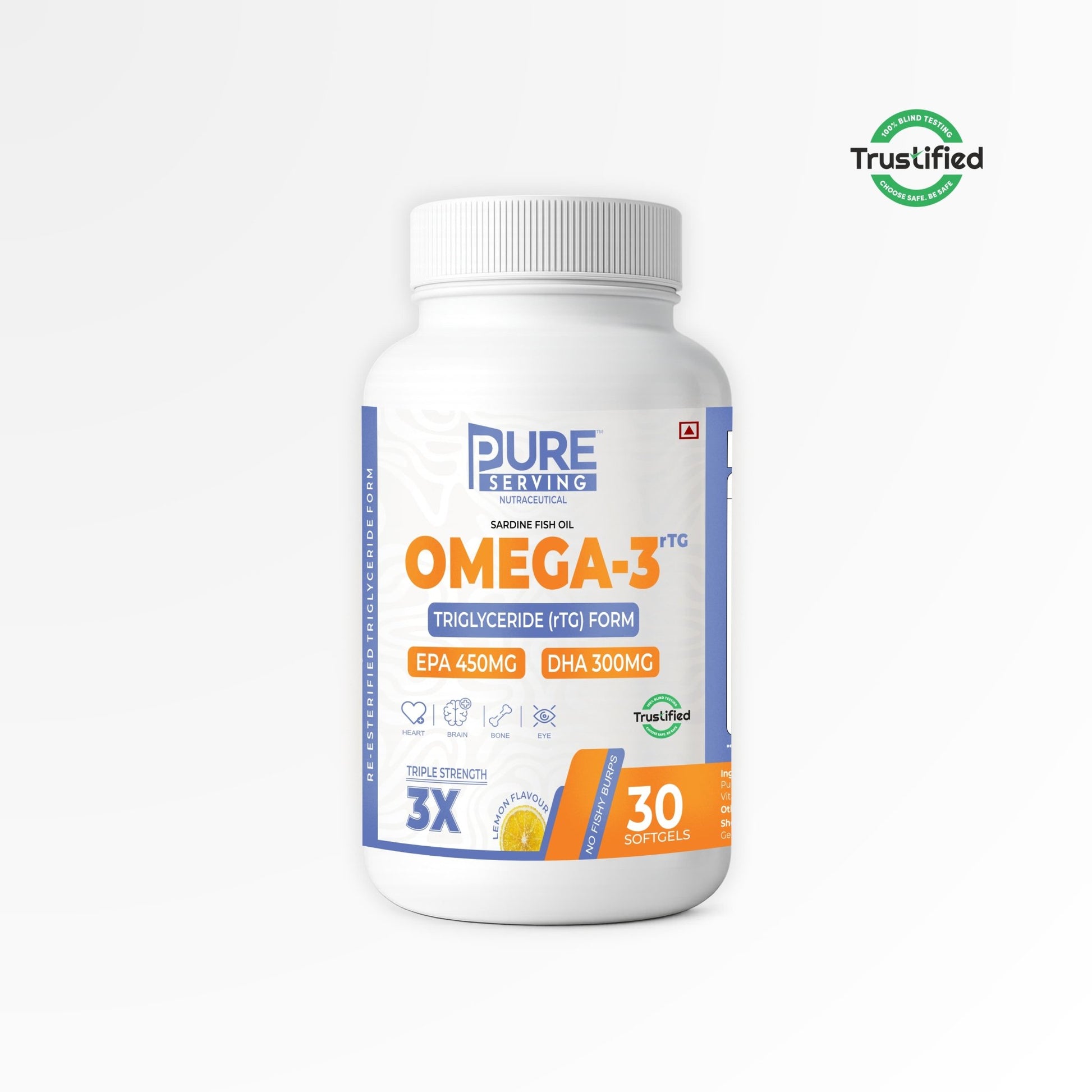 Triple Strength rTG Omega - 3 Fish Oil Softgels | 450mg EPA + 300mg DHA with Vitamin D3, K2 & E - PURE SERVING